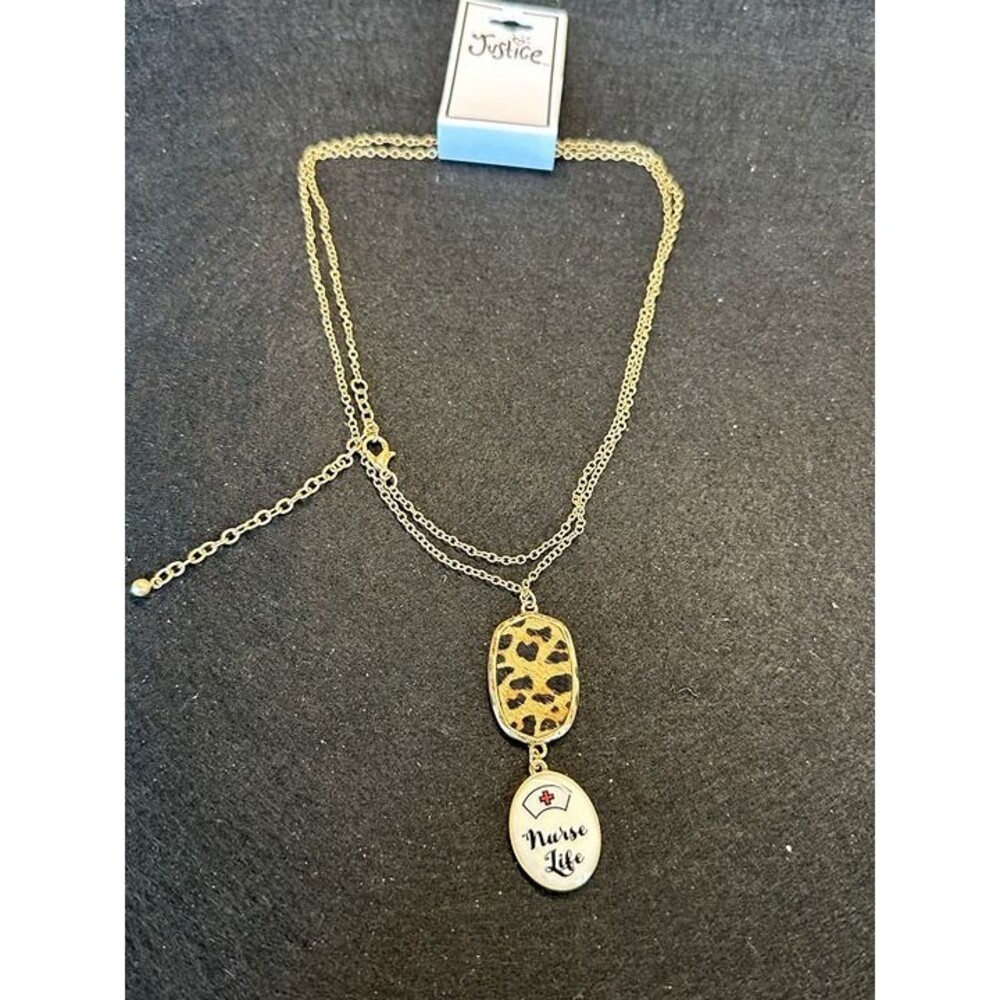 Justice Gold Nurse Life Leopard Print Double Chain Pendant Necklace NWT New